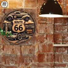 1pcs 2D Flat Vintage Tin Sign 2D Flat Route 66 Vintage Car Wall Decor - Brown With Classic Cars And Road Signs Print - Perfect For Home, Garage, Or Retro-Themed Room Decoration 8x8 Inch Round Metal Sign Suitable For Home Garden Bar  Decorative Sign  Perfect Sign Gift - 8*8 inch - Xem 5