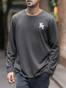 男士秋季百搭单品 | 杏色圆领纽约元素印花长袖T恤，适合送给丈夫、男朋友、朋友 - 深灰色 - 查看 3