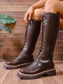 2025年圣诞节女士最新款侧拉链紧身靴，棕色系带过膝高筒靴，侧拉链靴，摩托车靴，复古厚底防寒内衬中筒靴，英伦风时尚靴子，马靴，加大码 - 棕色 - 查看 2