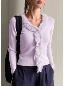 Suéter tipo blusa para mujer estilo elegante romántico color sólido con detalles de borde peludo tejido elástico corte ajustado cuello en V manga larga otoño invierno oficina cita versátil - Morado - Ver 3
