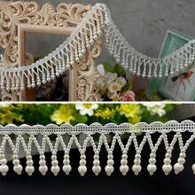 3 Yards Pearl Bead Tassel Lace Ribbon Applique Pearl Fringe Tassle Beaded Lace Ribbon Sewing Clothing Edge Curtain For Sewing Wedding Bridal Dress Sash Belt Headwear Curtain White
