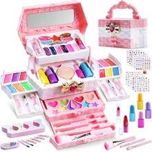 TIME4BUY 65PCS Maquillaje para Niña, Kit de Maquillaje, Juguetes para Niña Materiales Seguros y No Tóxicos, Fácil de Limpiar, Tocador, Pinturas niñas Maquillaje, Regalos para Niñas de 4-12 Años - Rosa - Ver 1