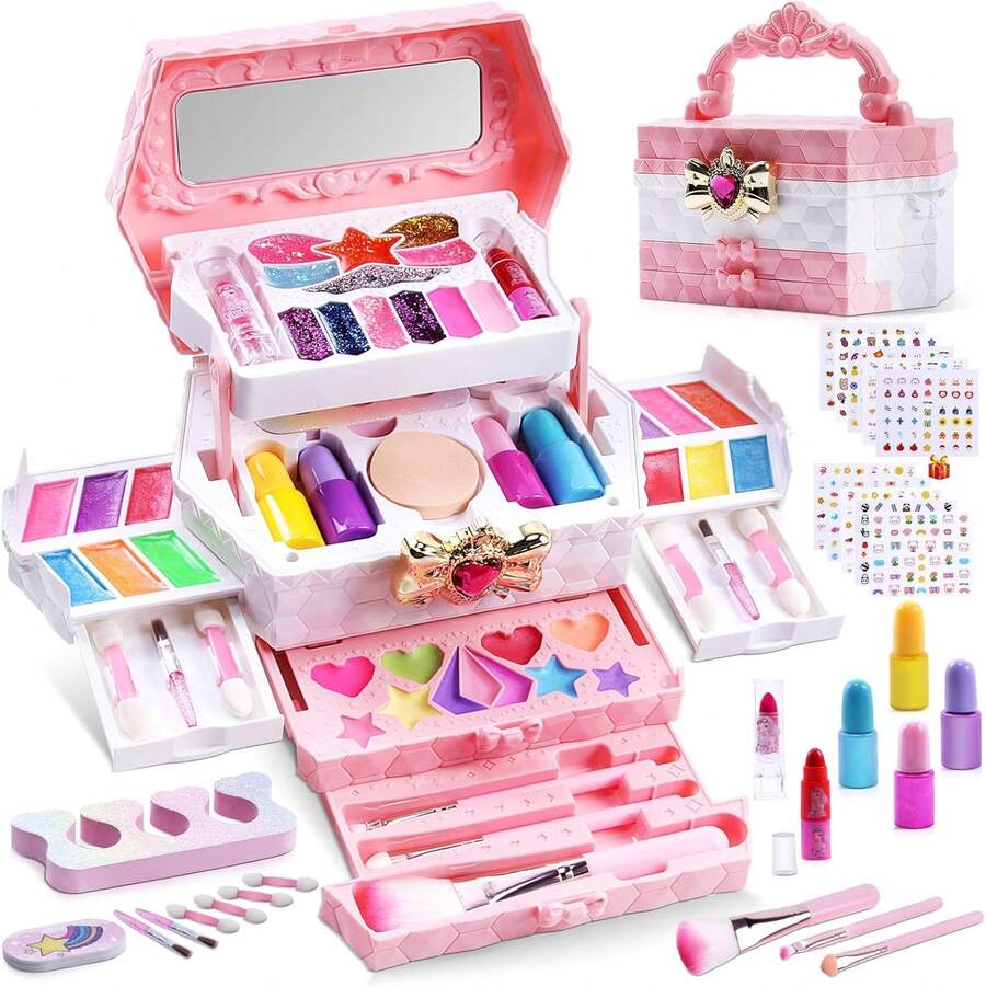 TIME4BUY 65PCS Maquillaje para Niña, Kit de Maquillaje, Juguetes para Niña Materiales Seguros y No Tóxicos, Fácil de Limpiar, Tocador, Pinturas niñas Maquillaje, Regalos para Niñas de 4-12 Años - Rosa - Ver 1