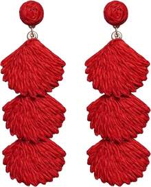 Raffia Dangle Earrings Women - Boho Statement Rattan Drop Jewelry With Design, Lightweight Summer Beach Accessories - Red - View 7