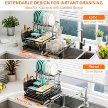 Expandable 2in1 Dish Drying Rack 2Tier Dish Rack With 360° Rotating Drainer Board Carbon Steel Dish Drainerwith Cutlery Utensil Rack And Holders For Kitchen Storage And Organisation