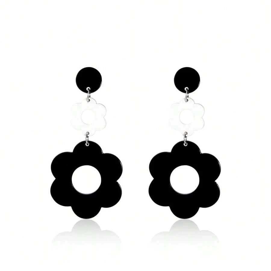 60 70s Big Acrylic Daisy Flower Petal Drop Dangle Earrings Stud Resin Floral For Women Cfboyolorful Summer Y2k Holiday Jewelry{"Color_name":"Black"} - 黑色 - 查看 1