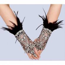 L'VOW 2Pcs Gothic Black Lace Feather Long Gloves For Women Halloween Witch Costume Swan Wristband Cuff{"Color_name":"B-White"} - B-白色 - 查看 5