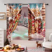 2pcs Christmas Gingerbread House Curtains - Festive Polyester Drapes | Pole Bag Design For Easy Hanging, Machine Washable | Ideal For Holiday Home Decor & Christmas Gifting - Multicolor - View 4