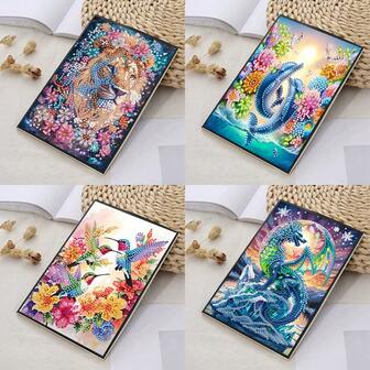 1/4pcs DIY Diamond Art Craft Kits, Animal Pattern Diamond Decor Notebook, School Supplies, Back To School Notebook, Notebook, Books, School Notebook, Notebook, Craft Diary Set For Office And Home Use