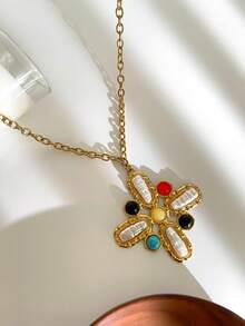 Monlansher New Fashionable Women's Pendant Necklace, Handmade Cross Flower Design With Pearl And Stone, Personalized Luxury Stainless Steel Pendant Necklace For Ladies, Autumn/Winter