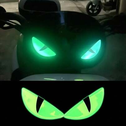 1 Pair Demon Eye 3D Motorcycle/Car Stickers - Neon Green Glow-In-The-Dark Eyes, Waterproof PVC Decals, Suitable For Electric Bicycles, Motorcycles, Cars - Easy To Apply And Remove, Night Riding Decoration, Motorcycle Stickers, Vehicle Customization, Striking Pattern, Durable Adhesive, Bicycle Modification, Motorcycle Accessories, Bicycle Stickers