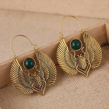 Women's Vintage Egyptian Sacred Wings And Scarab Earrings - Green Beads With Gold KC Plated Bohemian  Jewelry, Ancient Egyptian Inspired Wing Design With Scarab Pattern, Elegant Everyday And Special Occasion Party, Gift, Theme Event Earrings - Luxurious And Durable Women's Earrings, Women's High-Quality Hoop Earrings, Hanging Cute Earrings, Vintage Gold Earrings For Women, Cute Earrings, Long Bead Earrings, Geometric Pendant Earrings, Heavy Women's Earrings,  Style Women's Earrings, Vintage Clip-On Earrings For Women, Extra Long Earrings - Golden - View 7