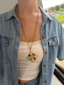 Monlansher New Fashionable Women's Pendant Necklace, Handmade Cross Flower Design With Pearl And Stone, Personalized Luxury Stainless Steel Pendant Necklace For Ladies, Autumn/Winter