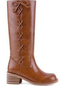 Women's Knee High Chunky Block Heel Square Toe Low Heel Boots, Style - Lace Saddle - View 2