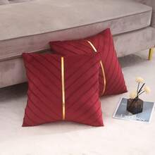 Navy Blue Velvet Throw Pillow Covers 18 X 18 Inch Pack Of 2 With Gold Leather Decor For Couch, Luxury Modern Pillowcases For Living Room, Bedroom Sofa Cushion Bed - 紅色 - 查看 7