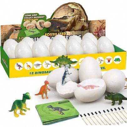 Huevos De Dinosaurio Excavación Kits,Dinosaurios Juguetes para Niños,Juguetes Arqueológicos Contiene 12 dinosaurios diferentes y tarjetas de información sobre dinosaurios.Regalo para niño de 4-12 Años