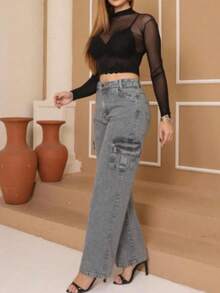 Calça Cargo Grafite  Feminina Cintura Alta  Simples    Casual  elegante  Festa    Bolso  Botão  Zíper    Escola  Diário