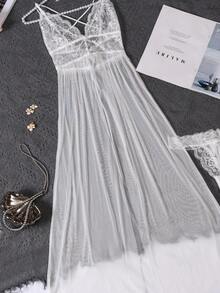 Set 2 buc. lenjerie intimă de mireasă din dantelă, plasă, transparentă, sexy, cu spate încrucișat, rochie lungă și tanga, pijamale, Rave