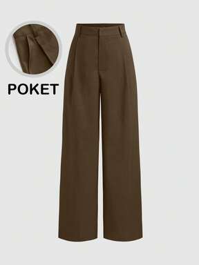 Vela Rue Minimalist Design Jumpsuit With Hook & Zipper Closure, Thin Solid Brown Wide Leg Pants, Flattering Silhouette, Suitable For All Seasons
