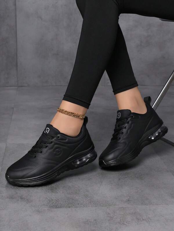 Women's Soft Bottom Comfortable Lightweight Round Toe Lace-Up Solid Color Cushioned Shock-Absorbing Running Shoes, Couples, Students, Casual, Versatile, Outdoor Sports Sneakers