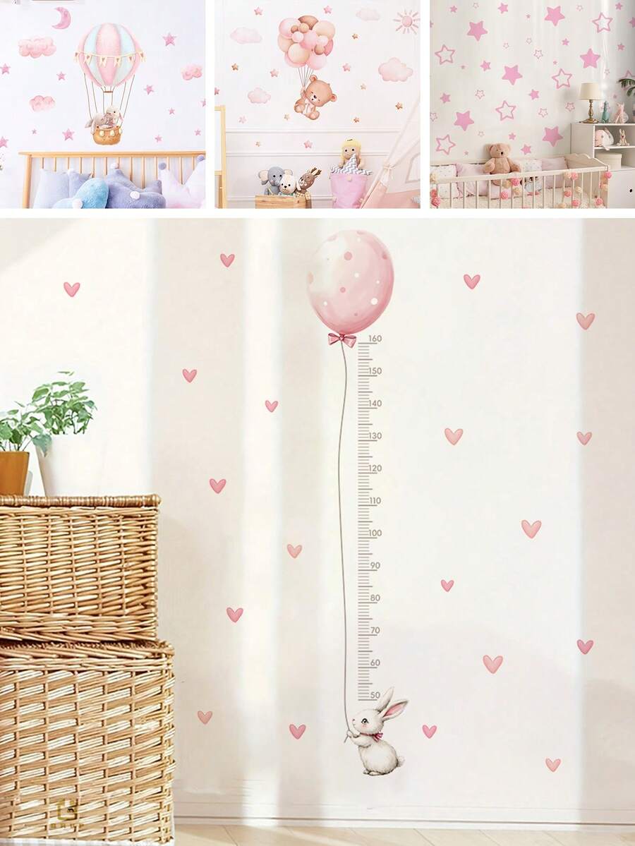 BRUP 1/6 Hojas Adorable Conejo y Globo Medidor de Altura Adhesivo de Pared, Pegatina Gráfico de Crecimiento con Forma de Corazón Rosa para Decoración de Habitación de Bebé y Guardería, Lindo Arte de Pared para Niños con Pegatinas de Pared Removibles - Multicolor - Ver 1