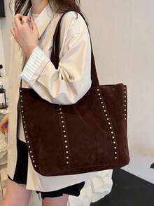 1 szt. Torba na ramię z zamszu w stylu vintage o dużej pojemności, w nowym stylu, do pracy, na zakupy, do szkoły, nowa moda jesienna 2025 dla kobiet - Kawowy brązowy - Zobacz 4