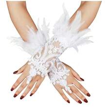 L'VOW 2Pcs Gothic Black Lace Feather Long Gloves For Women Halloween Witch Costume Swan Wristband Cuff{"Color_name":"A-White"} - A-白色 - 查看 1