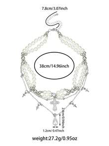 1Pc Silver Multi‑Layered Pearl Necklace Rhinestone Cross Star Charm Multi‑Chain Teardrop Pearl Pendant Y2K Statement Women Fashion Necklace - Multicolor - View 6