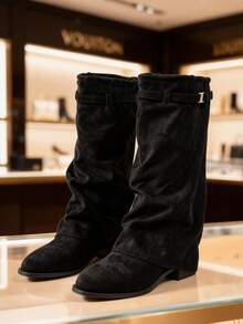 1 双女士时尚纯色天鹅绒性感中筒靴，百搭舒适 - 黑色 - 查看 2