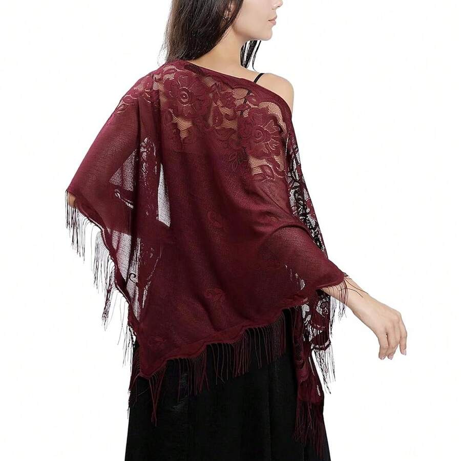 Ladiery Triangle Lace Shawls And Wraps For Evening Dresses With Tassels For Evening Party Mesh Wedding Shawls{"Color_name":"PurplishRed"} - PurplishRed - View 1