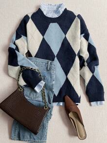 Autumn And Winter Fashionable, Comfortable, Warm, Diamond Pattern, Contrasting Colors, Round Neck, Long Sleeves, Loose Knit Sweater Pullover