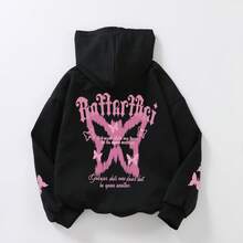 Teena Girl Casual Butterfly Letter Printed Hooded Sweatshirt - Loose Fit, Machine Washable, Comfortable All Season, Comfortable Clothing, Suitable For School, Vacation, Shopping, Sports And Other Occasions - Black - View 2
