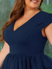 Women Plus Size Elegant Multi-Layered Mesh V-Neck Cocktail Dress For Wedding Guest, Homecoming, Graduation, Evening Date, Casual Tea Party, Spring/Summer/Autumn/Christmas - Navy Blue - View 7