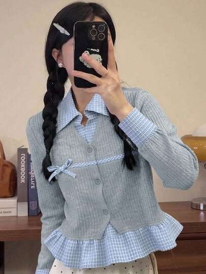 格纹拼布二合一蝴蝶结Polo领纽扣短款T恤