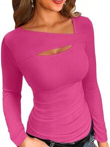 Womens Fashion Fall Cutout Long Sleeve Ribbed Slim Fitted Tops Shirts Tee Tshirts - Long-pink - View 12