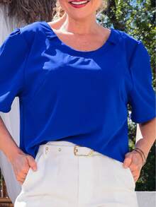 Women's Blouse With Short Puff Sleeves, Boat Neck, Button At The Back - Blue - View 1