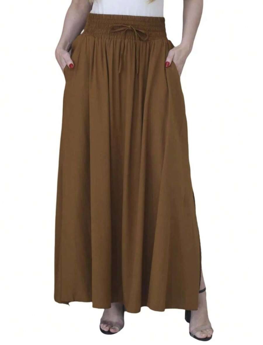 Women's Long Viscolinho Skirt With Pockets And Side Slit, Evangelical Fashion, Lined, Casual Fashion, High Waist - 咖啡棕 - 查看 1