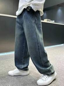 Tween Boy Fashion Cartoon Embroidered Washed Loose Fit Jeans - Dark Wash - View 5