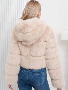 Abrigo elegante de mujer de color caqui, de moda, cálido, con capucha de piel sintética, de longitud regular y manga larga regular para el invierno