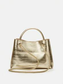 Bolso de hombro con textura de piedra, correa con hebilla de metal, diseño único, bolso bandolera de gran capacidad - Dorado - Ver 6