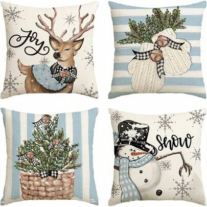 Artoid Fashion Schneemann- und Rentierhandschuhe, Rentier-Kissenbezüge, 4er-Set, 45 x 45 cm, dekorativer Winter-Kissenbezug für Sofa und Wohnzimmer