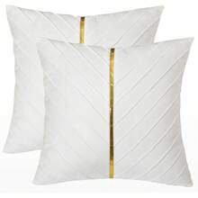 Navy Blue Velvet Throw Pillow Covers 18 X 18 Inch Pack Of 2 With Gold Leather Decor For Couch, Luxury Modern Pillowcases For Living Room, Bedroom Sofa Cushion Bed - 白色 - 查看 1