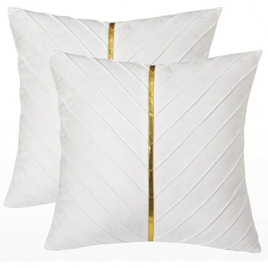 Navy Blue Velvet Throw Pillow Covers 18 X 18 Inch Pack Of 2 With Gold Leather Decor For Couch, Luxury Modern Pillowcases For Living Room, Bedroom Sofa Cushion Bed - 白色 - 查看 1