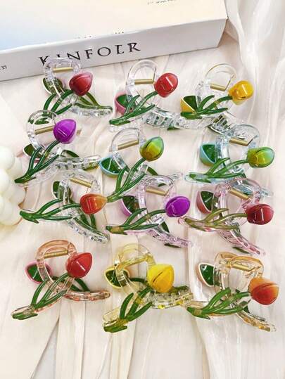 1 pieza/6 piezas/12 piezas Pinza de pelo con forma de flor de tulipán de plástico ABS con estampado floral, accesorio de pelo dulce de garra para mujeres