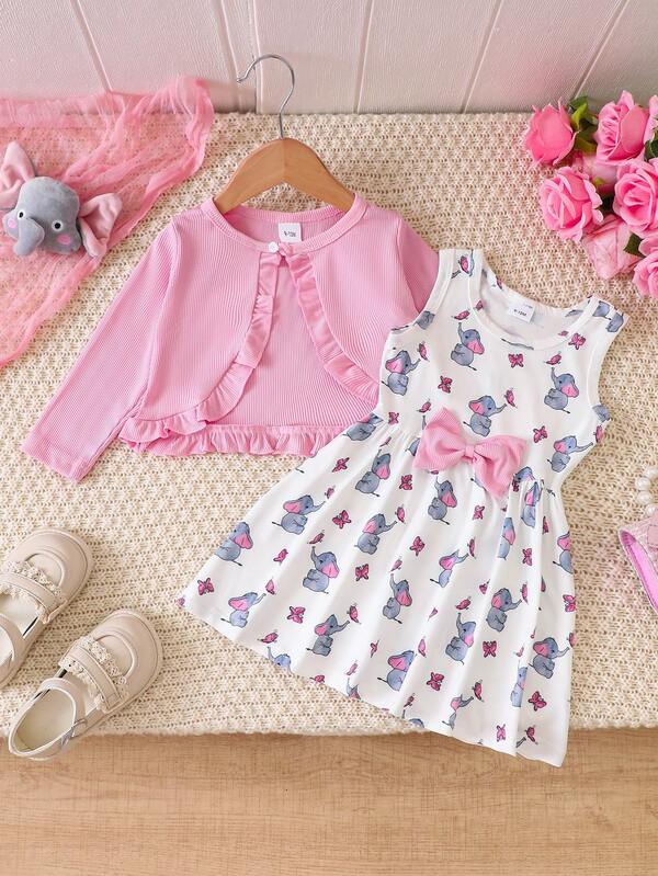 2pcs Baby Girls Casual Elephant & Butterfly Print Soft Knit Long Sleeve Top And Dress Set, Suitable For Holidays, Birthday Parties, Daily Wear, And Outdoor Picnics
