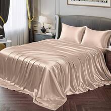 Silky Soft Pink Twin XL Satin Bed Sheets Set, 1 Deep Pocket Fitted Sheet + 1 Flat Sheet + 1 Pillowcase,  In 2025 - 琥珀米色 - 查看 1