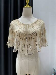 Scialle in rete di poliestere vintage con paillettes, colore champagne, adatto per matrimoni, banchetti, feste - accessorio delizioso, abbigliamento da banchetto, eleganza vintage, mantella con paillettes che può essere lavata a mano per abiti - multicolore - Visualizzare 2