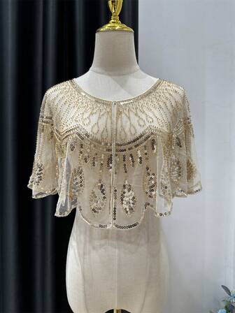 Sequin Vintage Polyester Mesh Shawl In Champagne Color, Suitable For Weddings, Banquets, Parties - Delightful Accessory, Banquet Attire, Vintage Elegance, Sequin Decorated Pullover Cape That Can Be Hand Washed For Dress