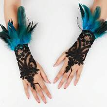 L'VOW 2Pcs Gothic Black Lace Feather Long Gloves For Women Halloween Witch Costume Swan Wristband Cuff{"Color_name":"A-Bluegreen"} - A-藍綠 - 查看 8