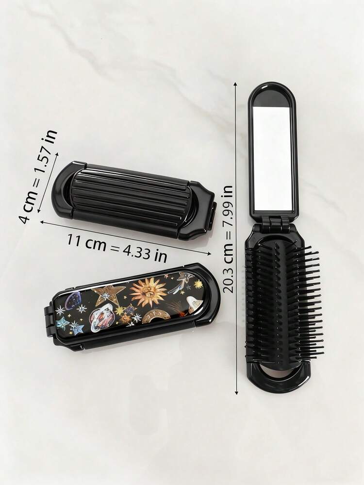 1pc Foldable Comb With Mirror & Hair Brush, Abstract Star, Moon, Planet Pattern, Compact & Portable, Unisex Gift,Hair Brush,Slick Back Brush,Styling Brush,Curly Hair Brush,Edge Brush,Hair Comb,Brush Hair,Hair Brush Set,Comb Hair,Comb For Curls,Detangling Brush,Hair Brush For Women,Hair,Travel,Hair Products,Hair Tools,Hair Stuff,Barber,Barber Accessories,Barbershop,Hairdressing Equipment - Black - View 2